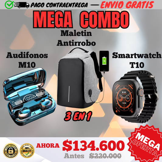 SUPER COMBO TECNOLOGICO 3 EN 1: Bolso antirrobo + Audifonos M10 + Smartwatch T10 Ultra.